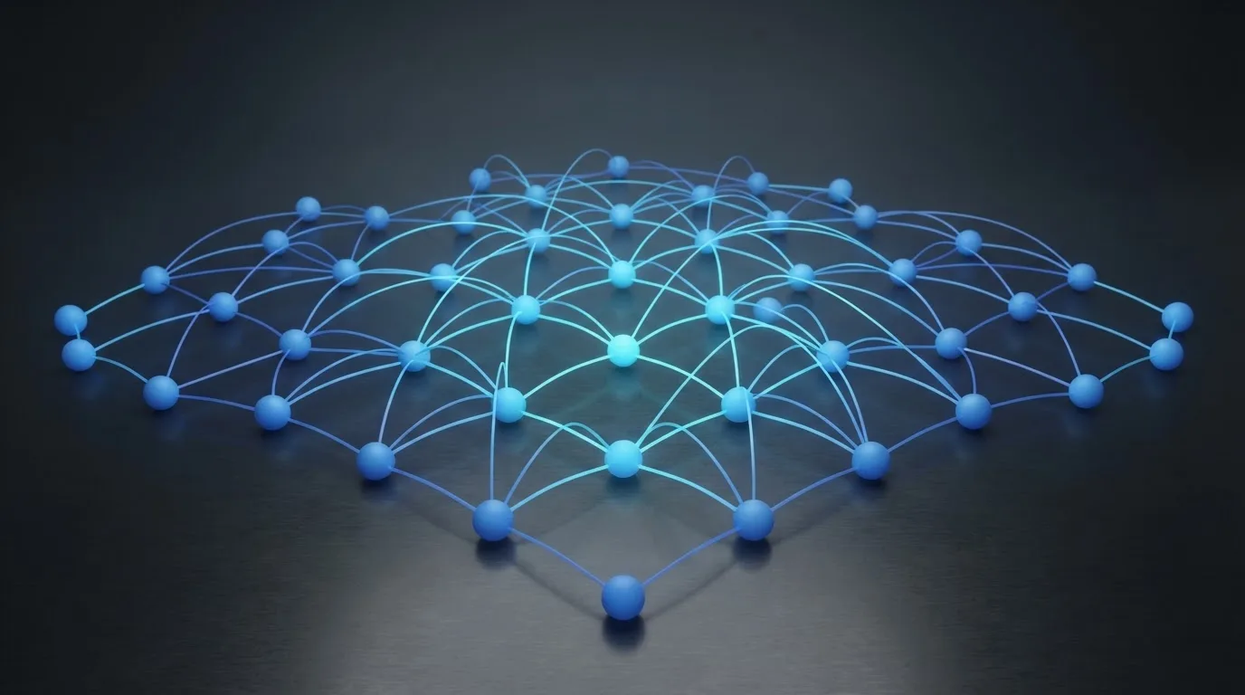 Abstrakte Nahaufnahme leuchtender blauer Lichtlinien und Knotenpunkte auf dunklem Hintergrund, symbolisch für digitale Netzwerke.