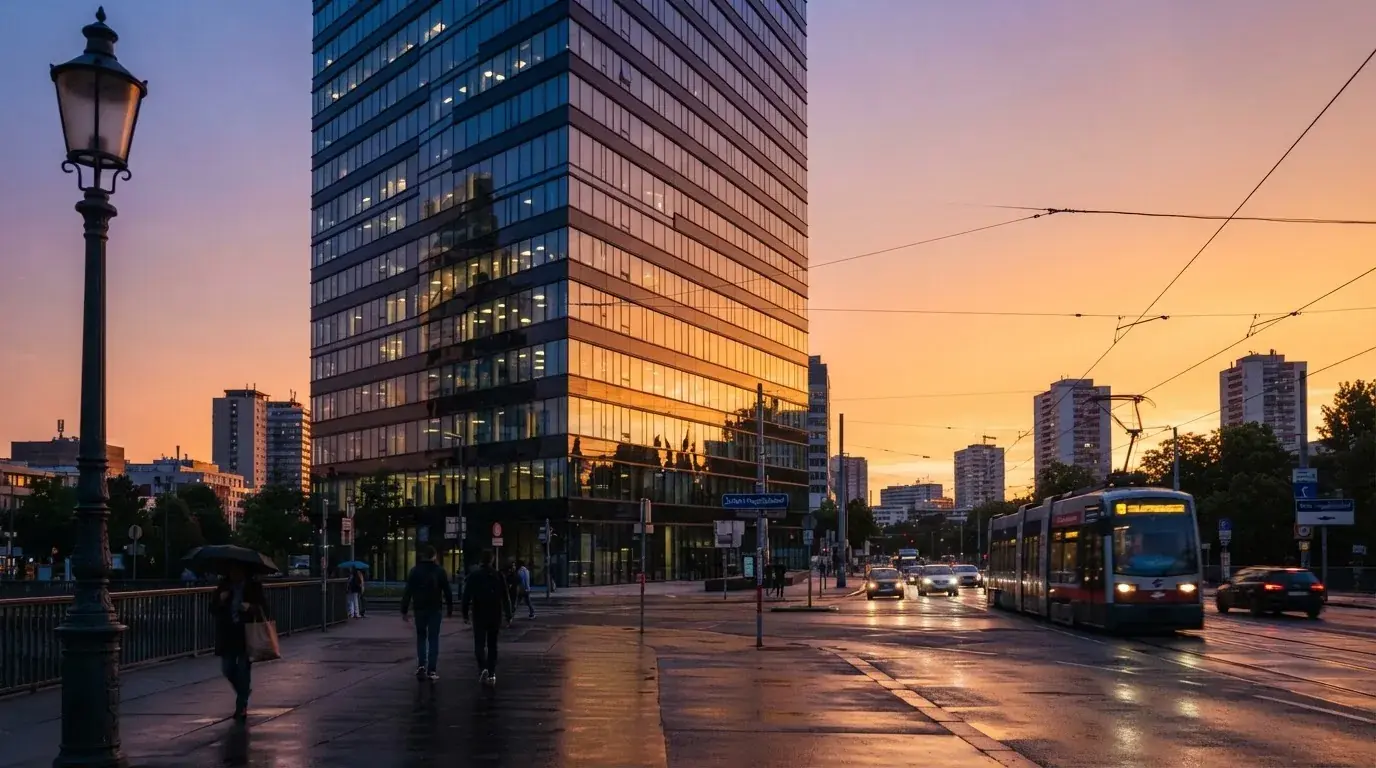 Modernes Glasbürogebäude in Wien bei Sonnenuntergang, aufgenommen von einer belebten Straße aus.
