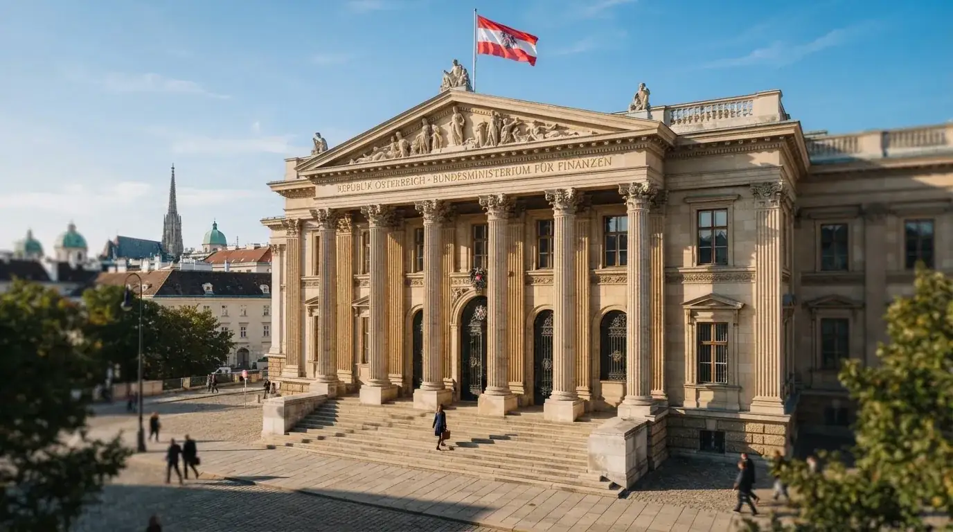 Fassade eines klassizistischen Wiener Amtsgebäudes mit österreichischer Flagge an einem klaren Nachmittag.