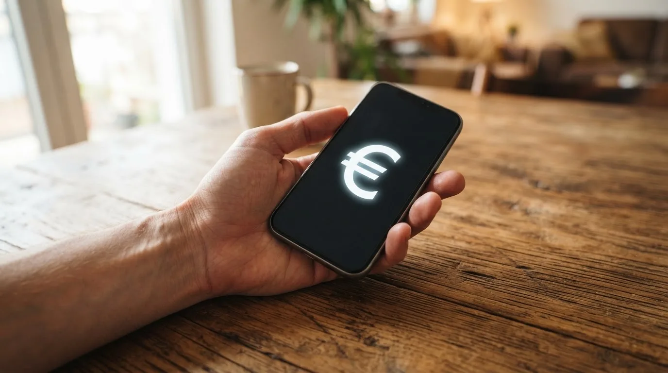 Nahaufnahme zweier Hände, die ein Smartphone übergeben, an einem Holztisch bei Tageslicht.